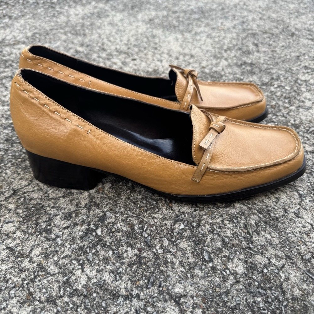 Jennifer Moore Mansfield Tan Leather Loafers Women's Sz 9.5 Block Heel Bow - Picture 3 of 10